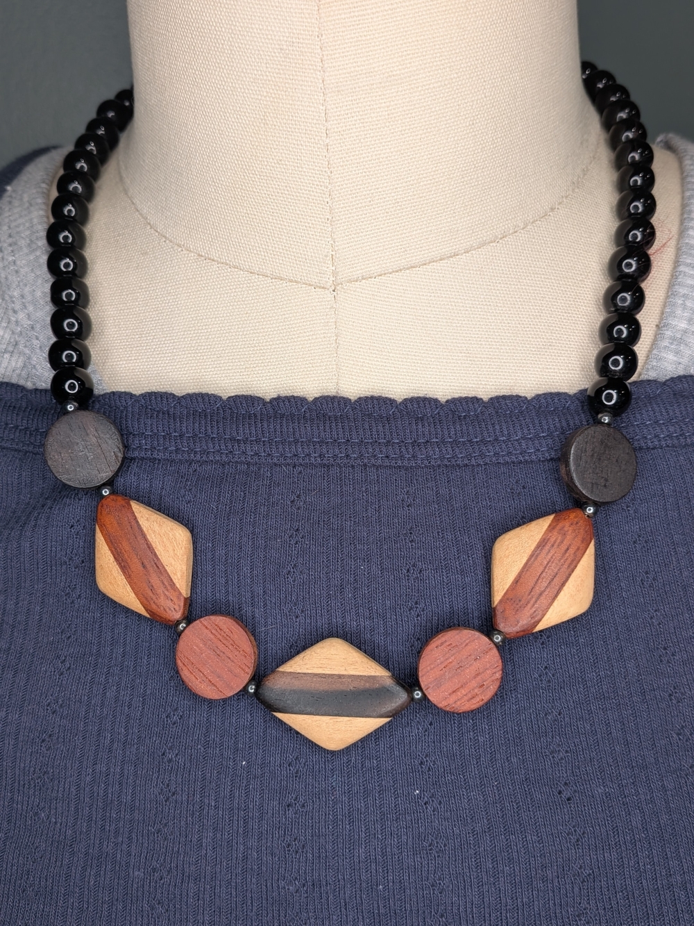 Vintage Natural Inlaid Wood Diamond Geometric Statement Necklace Toggle Clasp